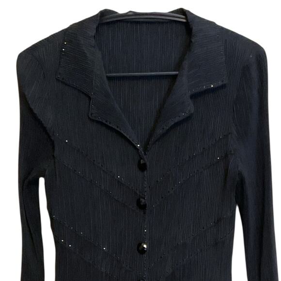 Pleats Textured Black Dressy Blouse S Longline Sparkling Beads Faceted Buttons - Picture 7 of 10